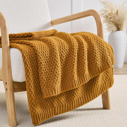 Gold Yellow Throw Blanket 50x60 Inches for Couch Bed | Soft Cozy Lightweight Moss Stitch Knit, Warm and Breathable, Decorative and Reversible Textured Knit Throw