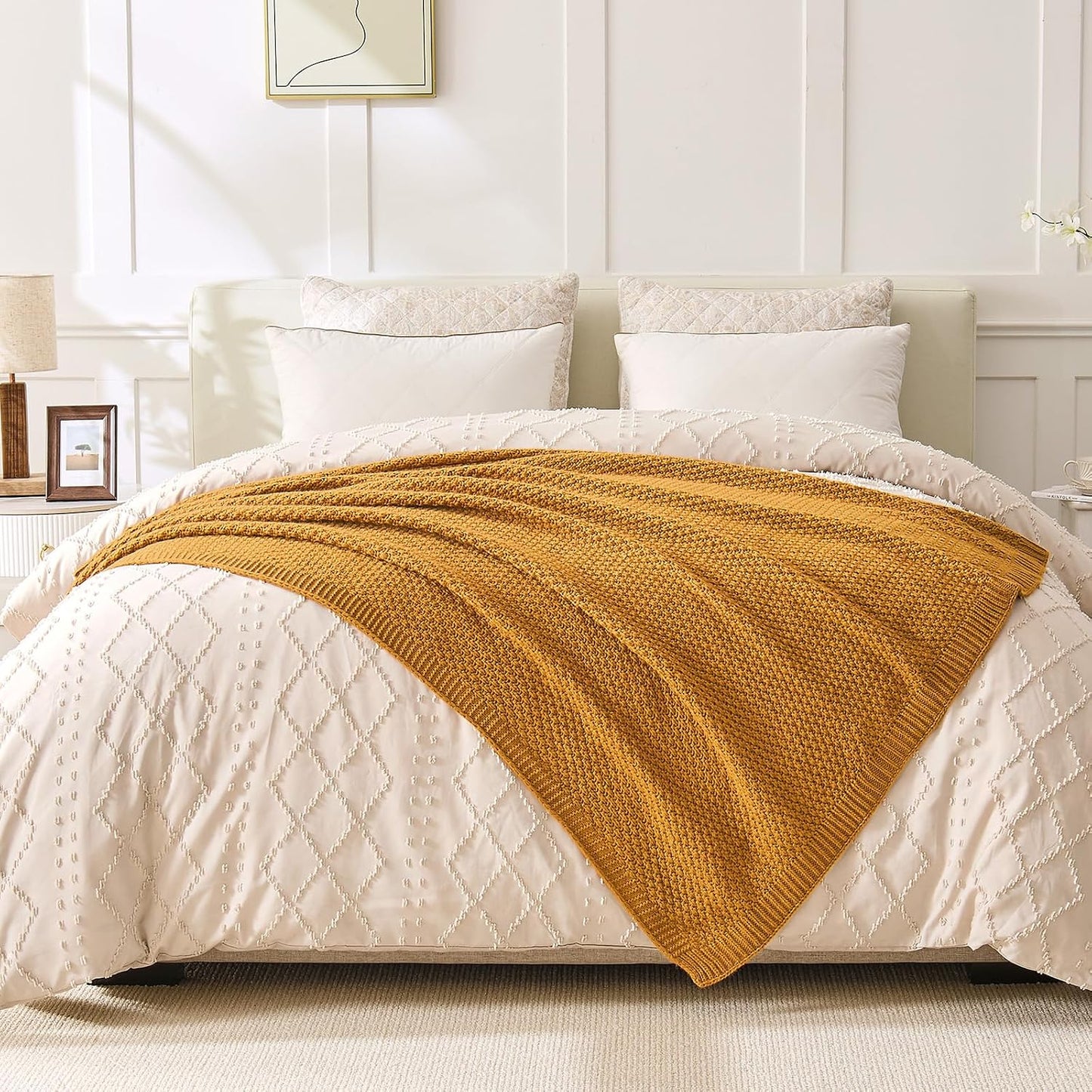 Gold Yellow Throw Blanket 50x60 Inches for Couch Bed | Soft Cozy Lightweight Moss Stitch Knit, Warm and Breathable, Decorative and Reversible Textured Knit Throw