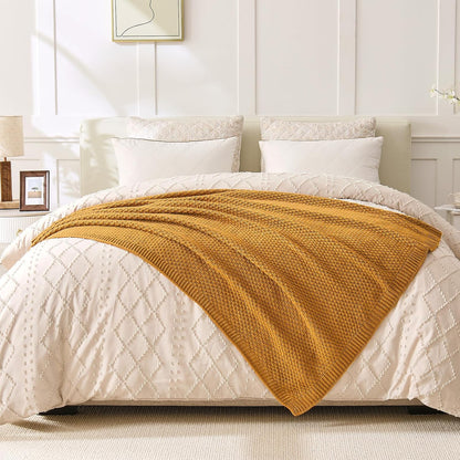 Gold Yellow Throw Blanket 50x60 Inches for Couch Bed | Soft Cozy Lightweight Moss Stitch Knit, Warm and Breathable, Decorative and Reversible Textured Knit Throw