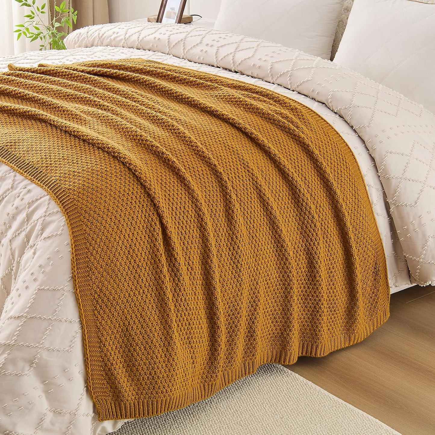 Gold Yellow Throw Blanket 50x60 Inches for Couch Bed | Soft Cozy Lightweight Moss Stitch Knit, Warm and Breathable, Decorative and Reversible Textured Knit Throw