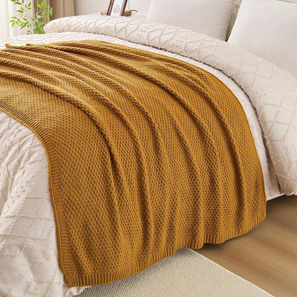 Gold Yellow Throw Blanket 50x60 Inches for Couch Bed | Soft Cozy Lightweight Moss Stitch Knit, Warm and Breathable, Decorative and Reversible Textured Knit Throw