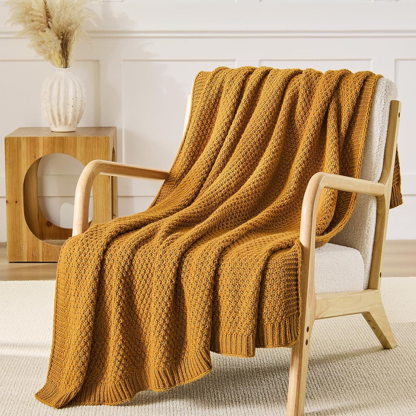 Gold Yellow Throw Blanket 50x60 Inches for Couch Bed | Soft Cozy Lightweight Moss Stitch Knit, Warm and Breathable, Decorative and Reversible Textured Knit Throw