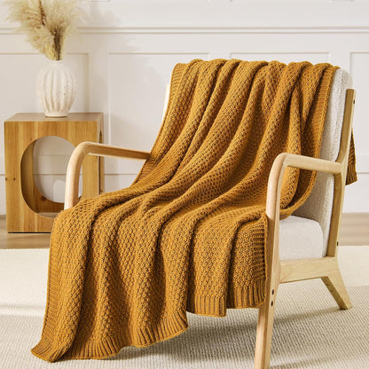 Gold Yellow Throw Blanket 50x60 Inches for Couch Bed | Soft Cozy Lightweight Moss Stitch Knit, Warm and Breathable, Decorative and Reversible Textured Knit Throw