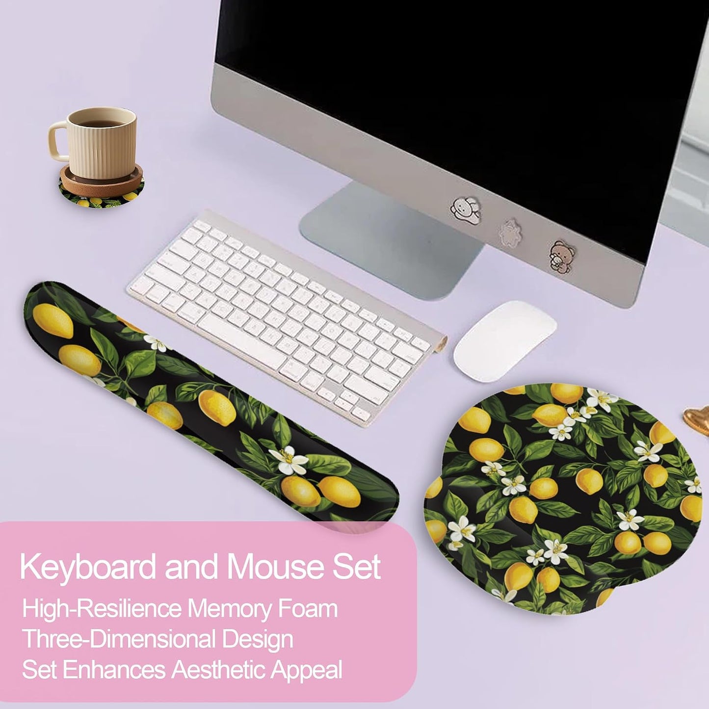 Summer Lemon Blossom Ergonomic Wrist Support Keyboard Mouse Wrist Rest Set, Computer Office Comfortable Wrist Rest for Mouse Easy Typing