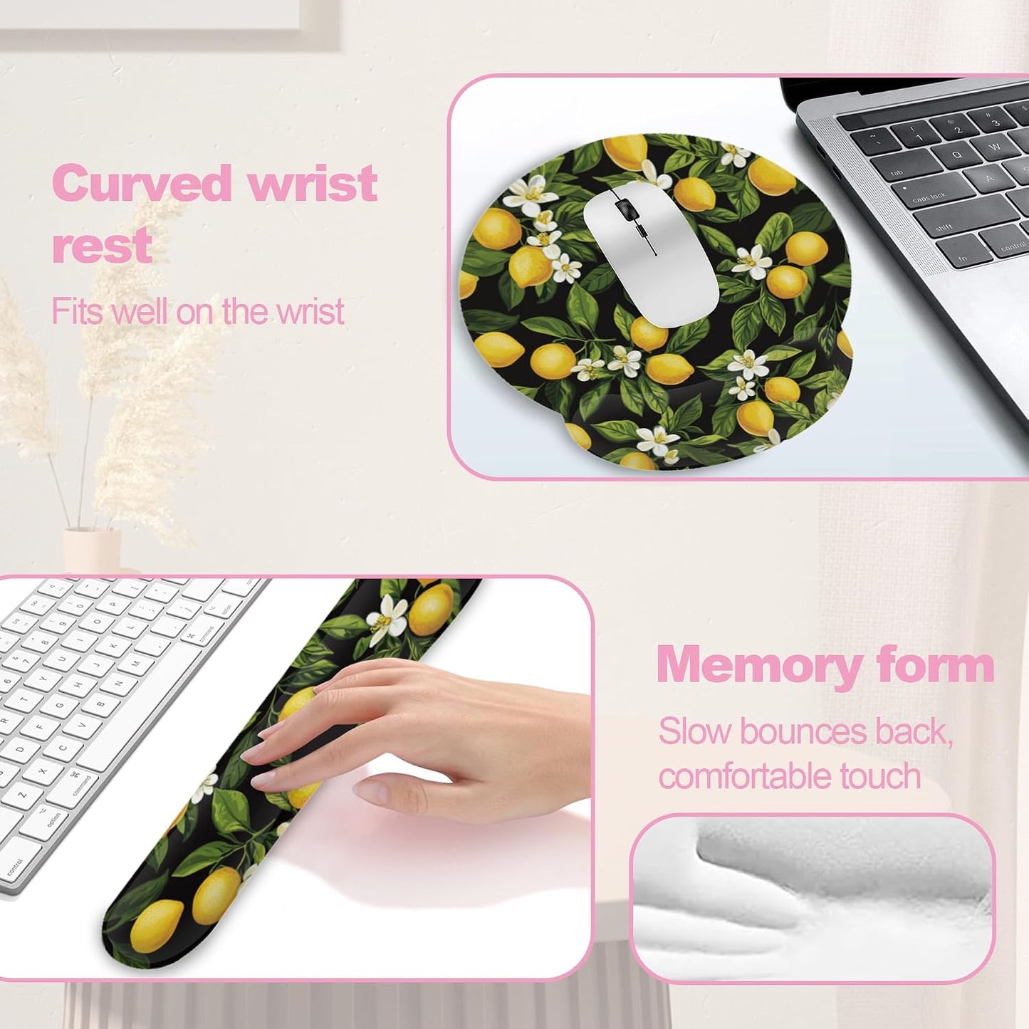Summer Lemon Blossom Ergonomic Wrist Support Keyboard Mouse Wrist Rest Set, Computer Office Comfortable Wrist Rest for Mouse Easy Typing