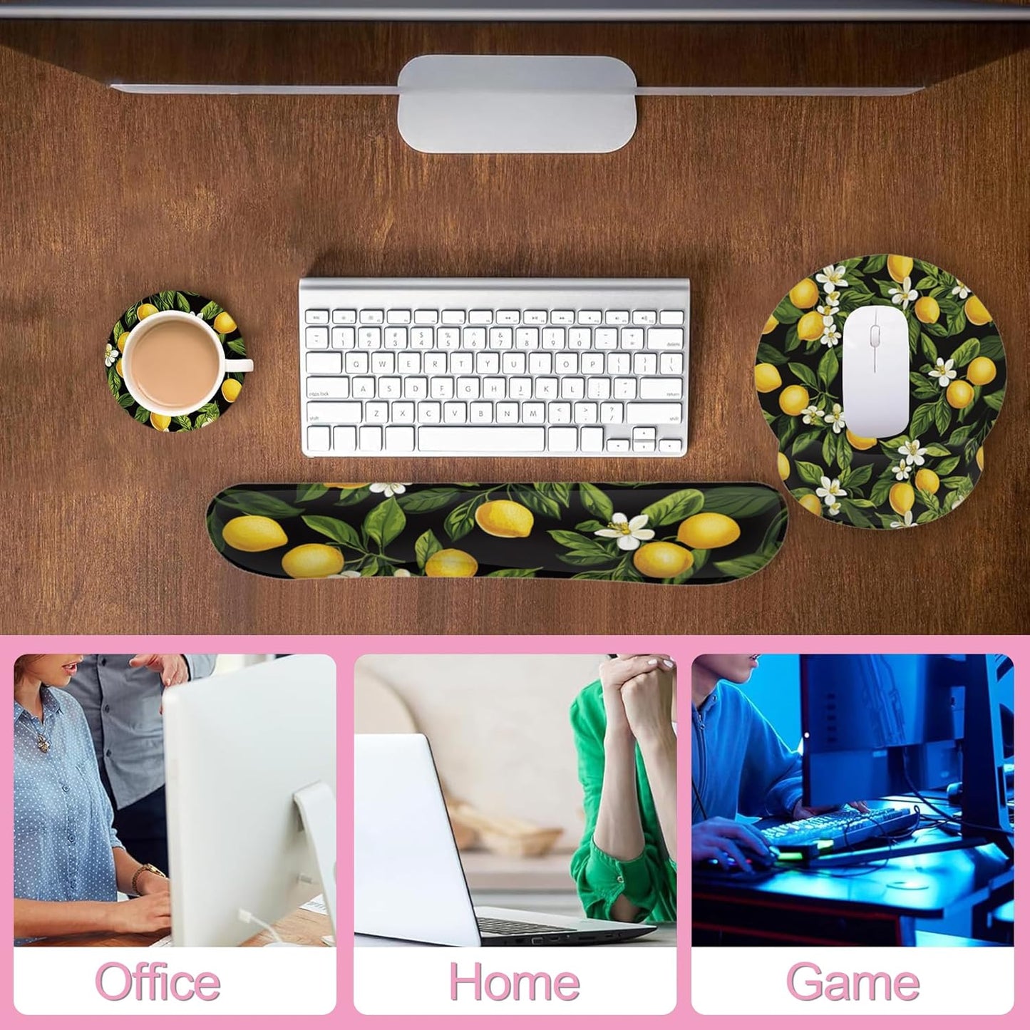 Summer Lemon Blossom Ergonomic Wrist Support Keyboard Mouse Wrist Rest Set, Computer Office Comfortable Wrist Rest for Mouse Easy Typing