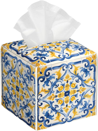 Tissue Box Cover Yellow Blue Ornament Tiles Square PU Leather Tissue Box Holder for Car Bathroom Bedroom Desk Tabletop Decor