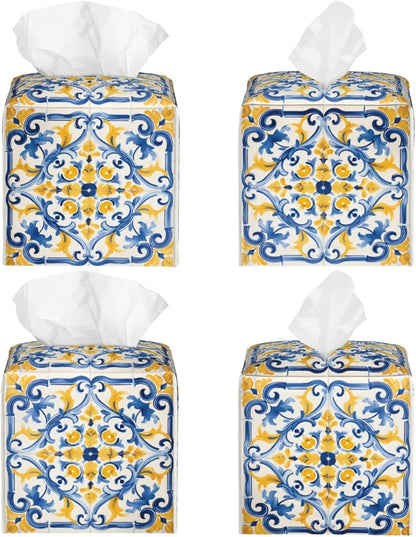Tissue Box Cover Yellow Blue Ornament Tiles Square PU Leather Tissue Box Holder for Car Bathroom Bedroom Desk Tabletop Decor