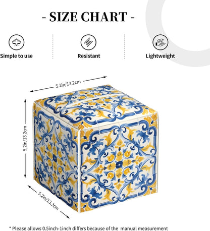 Tissue Box Cover Yellow Blue Ornament Tiles Square PU Leather Tissue Box Holder for Car Bathroom Bedroom Desk Tabletop Decor