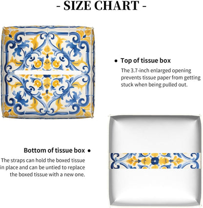 Tissue Box Cover Yellow Blue Ornament Tiles Square PU Leather Tissue Box Holder for Car Bathroom Bedroom Desk Tabletop Decor
