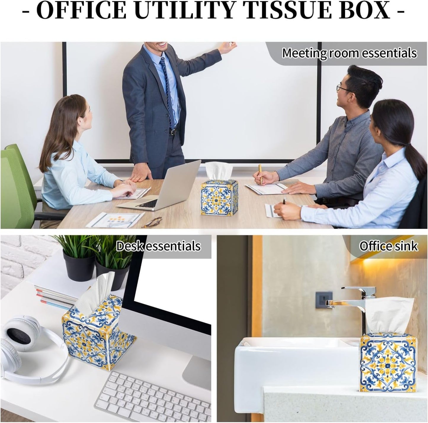 Tissue Box Cover Yellow Blue Ornament Tiles Square PU Leather Tissue Box Holder for Car Bathroom Bedroom Desk Tabletop Decor