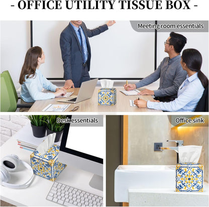 Tissue Box Cover Yellow Blue Ornament Tiles Square PU Leather Tissue Box Holder for Car Bathroom Bedroom Desk Tabletop Decor