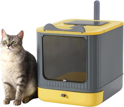 Foldable Enclosed Cat Litter Box with Lid, for Kitten to Medium | , Fully Enclosed, Anti-Splash, Easy Clean, Easy Install, Odor Control, 3 Modes for Kitten to Senior, Yellow&Grey