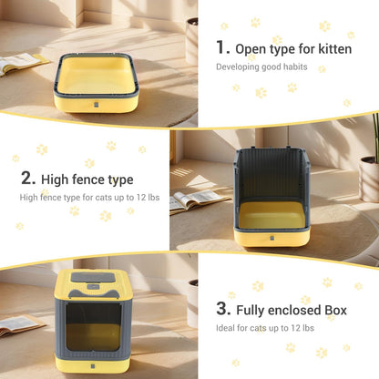 Foldable Enclosed Cat Litter Box with Lid, for Kitten to Medium | , Fully Enclosed, Anti-Splash, Easy Clean, Easy Install, Odor Control, 3 Modes for Kitten to Senior, Yellow&Grey