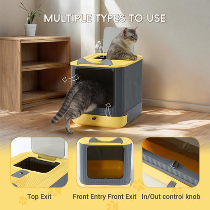 Foldable Enclosed Cat Litter Box with Lid, for Kitten to Medium | , Fully Enclosed, Anti-Splash, Easy Clean, Easy Install, Odor Control, 3 Modes for Kitten to Senior, Yellow&Grey