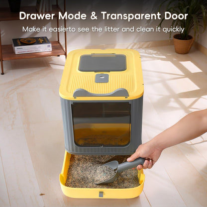 Foldable Enclosed Cat Litter Box with Lid, for Kitten to Medium | , Fully Enclosed, Anti-Splash, Easy Clean, Easy Install, Odor Control, 3 Modes for Kitten to Senior, Yellow&Grey