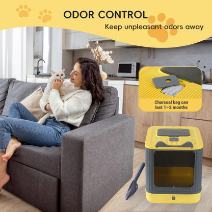 Foldable Enclosed Cat Litter Box with Lid, for Kitten to Medium | , Fully Enclosed, Anti-Splash, Easy Clean, Easy Install, Odor Control, 3 Modes for Kitten to Senior, Yellow&Grey