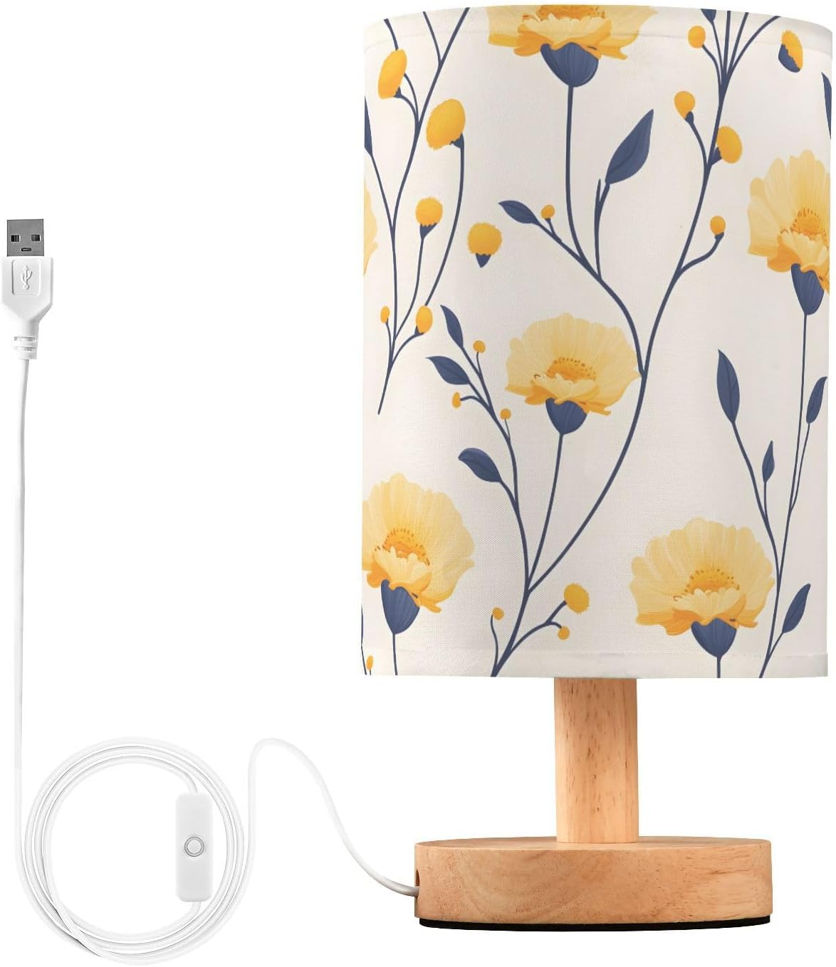 Bedside Lamp LED Nightstand Table Lamp-Vivid Flower Yellow with Fabric Shade and Button Control Night Light for Bedroom Dorm Living Room