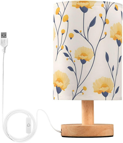 Bedside Lamp LED Nightstand Table Lamp-Vivid Flower Yellow with Fabric Shade and Button Control Night Light for Bedroom Dorm Living Room