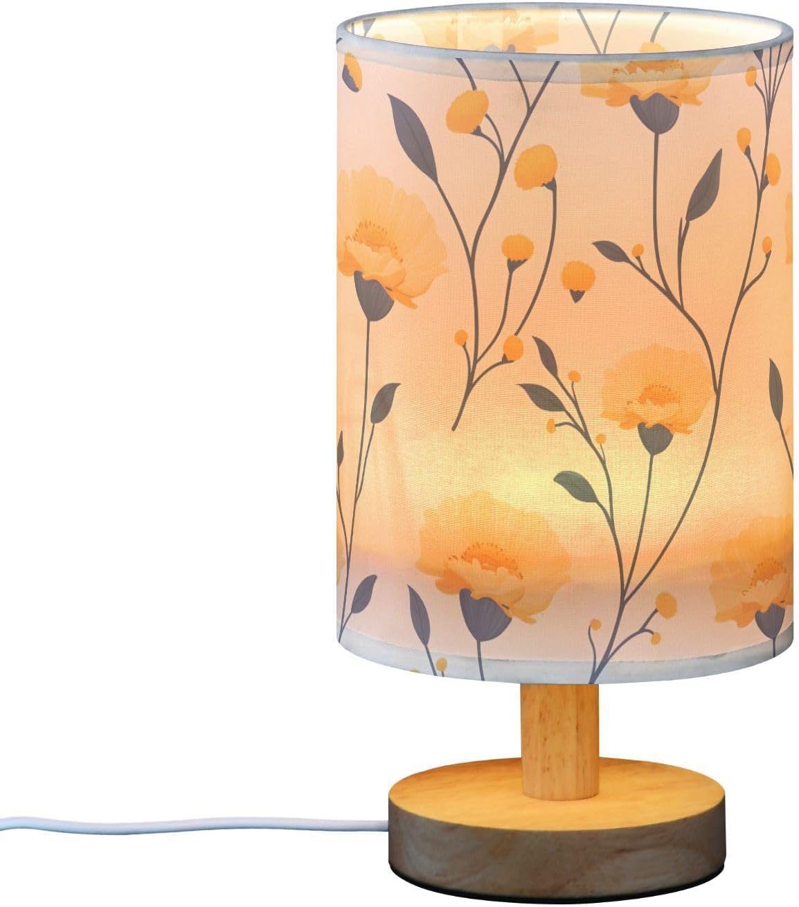Bedside Lamp LED Nightstand Table Lamp-Vivid Flower Yellow with Fabric Shade and Button Control Night Light for Bedroom Dorm Living Room