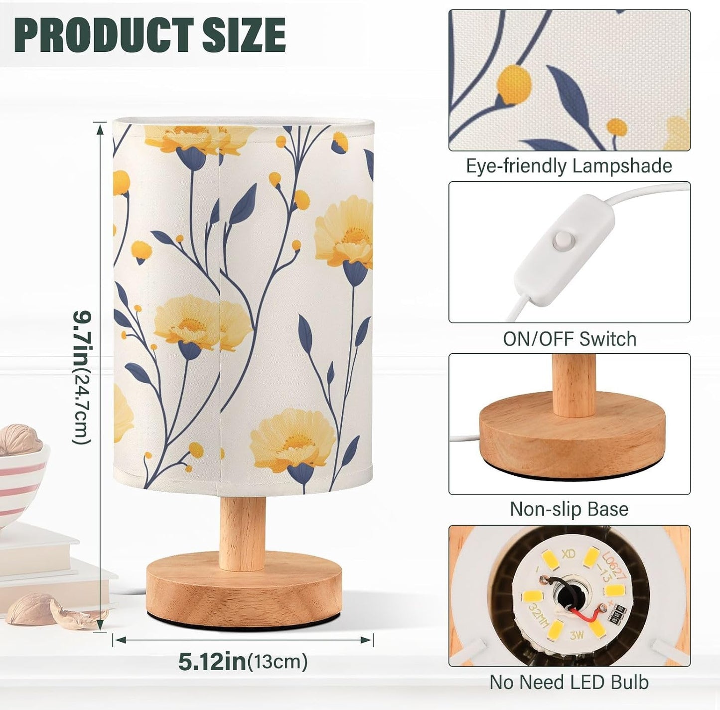 Bedside Lamp LED Nightstand Table Lamp-Vivid Flower Yellow with Fabric Shade and Button Control Night Light for Bedroom Dorm Living Room