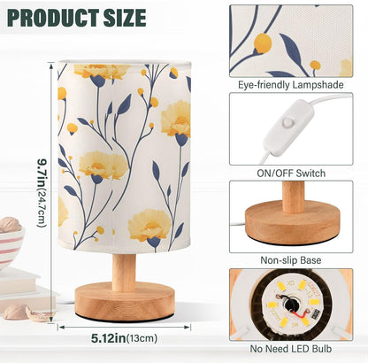 Bedside Lamp LED Nightstand Table Lamp-Vivid Flower Yellow with Fabric Shade and Button Control Night Light for Bedroom Dorm Living Room