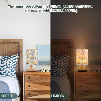 Bedside Lamp LED Nightstand Table Lamp-Vivid Flower Yellow with Fabric Shade and Button Control Night Light for Bedroom Dorm Living Room