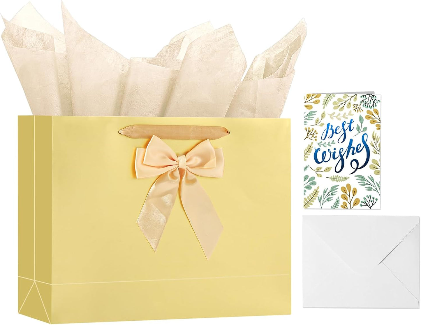 Birthday Gift Bag with Tissue Paper and Card(1 PCS Bright Gold, 13") | Birthday Gift Bag Set - 1 Gift Bag with Bow, 2 Tissues & Greeting Card for Men Women,Gift Bags Medium size