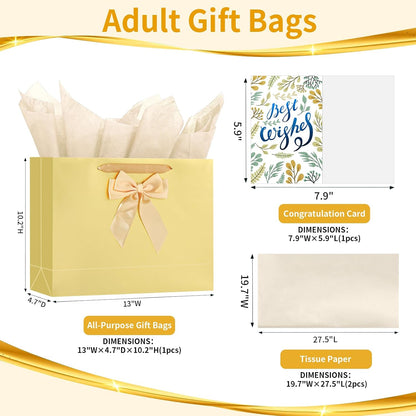 Birthday Gift Bag with Tissue Paper and Card(1 PCS Bright Gold, 13") | Birthday Gift Bag Set - 1 Gift Bag with Bow, 2 Tissues & Greeting Card for Men Women,Gift Bags Medium size