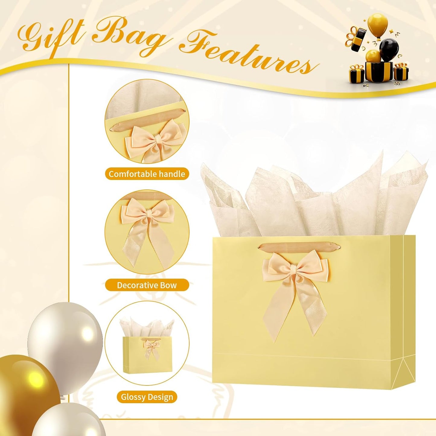 Birthday Gift Bag with Tissue Paper and Card(1 PCS Bright Gold, 13") | Birthday Gift Bag Set - 1 Gift Bag with Bow, 2 Tissues & Greeting Card for Men Women,Gift Bags Medium size