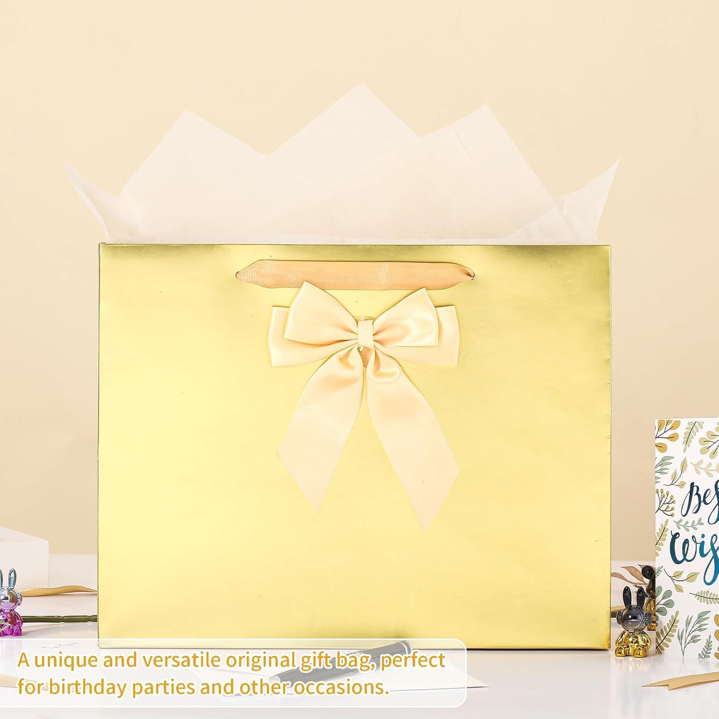 Birthday Gift Bag with Tissue Paper and Card(1 PCS Bright Gold, 13") | Birthday Gift Bag Set - 1 Gift Bag with Bow, 2 Tissues & Greeting Card for Men Women,Gift Bags Medium size