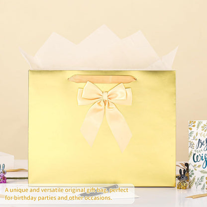 Birthday Gift Bag with Tissue Paper and Card(1 PCS Bright Gold, 13") | Birthday Gift Bag Set - 1 Gift Bag with Bow, 2 Tissues & Greeting Card for Men Women,Gift Bags Medium size