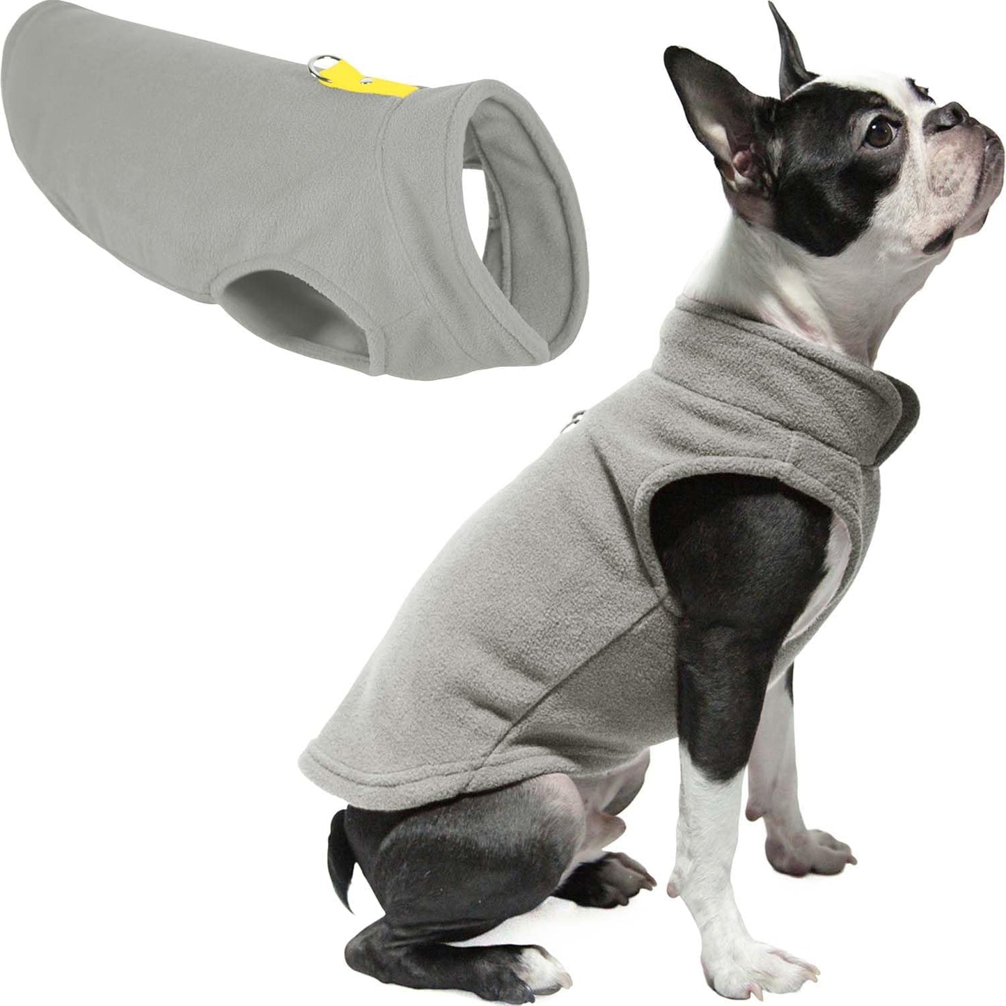 Fleece Vest Dog Sweater, Gray/Yellow, X-Small | Soft warm fleece; Pullover, easy on/off (no zippers); O-ring leash attachment; Machine washable
