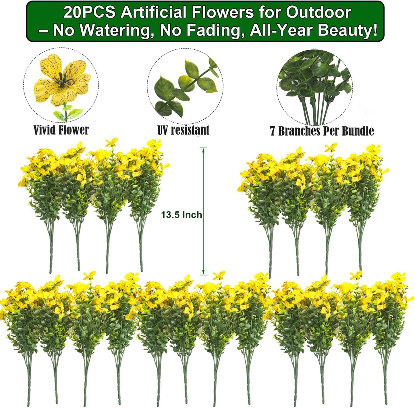 20 Bundles Artificial Flowers for Outdoors, UV Resistant Fake Plants Flowers Greenery Shrubs Plants for Decoration Outside Plants Hanging Planter Home Garden Decor (Yellow)
