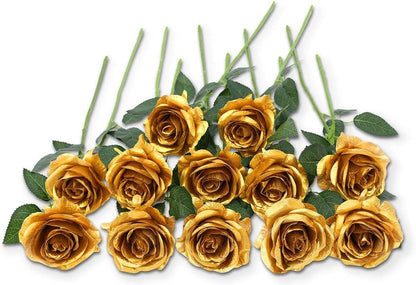12 PCS Artificial Flowers Roses Silk Flowers Fake Long Stem Artificial Roses for Home Wedding Decorations (Yellow)