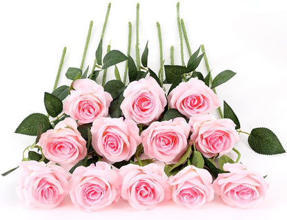 12 PCS Artificial Flowers Roses Silk Flowers Fake Long Stem Artificial Roses for Home Wedding Decorations (Yellow)