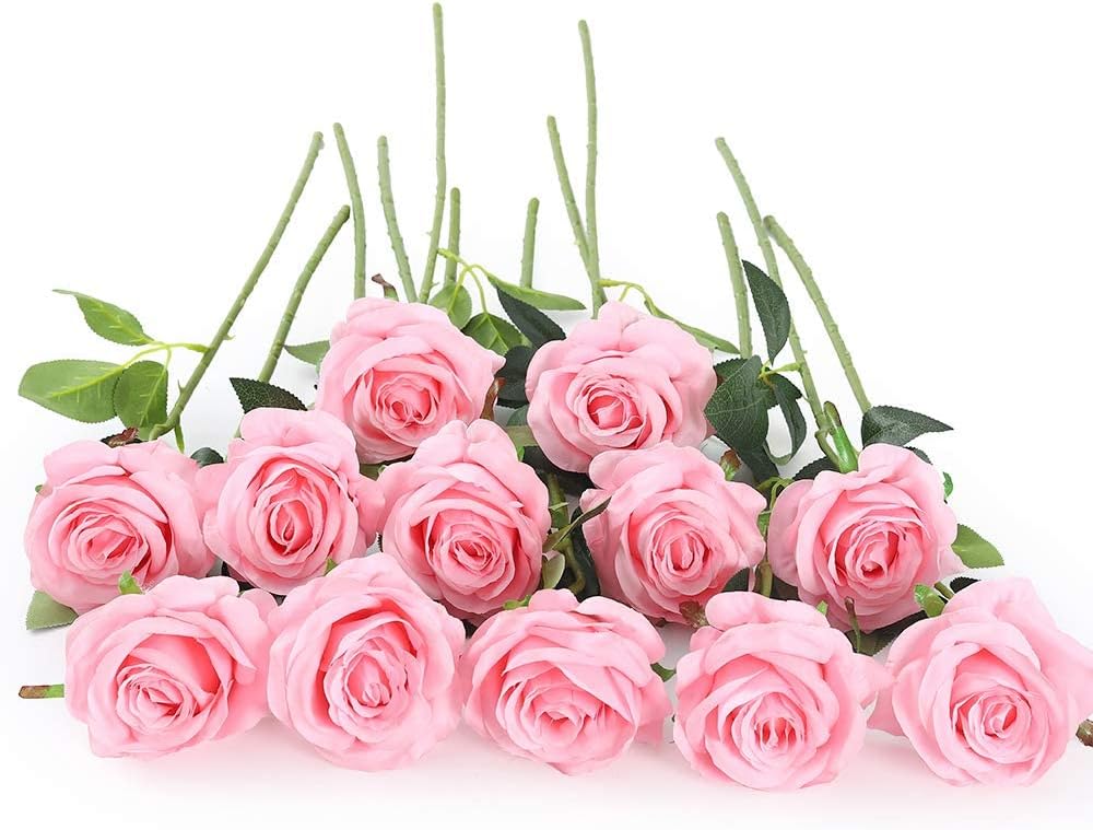 12 PCS Artificial Flowers Roses Silk Flowers Fake Long Stem Artificial Roses for Home Wedding Decorations (Yellow)