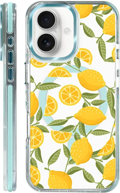 for iPhone 16 Clear Case, Lemon Yellow Pattern Compatible with Magsafe Soft Protective Case for Women Girl (Blue)
