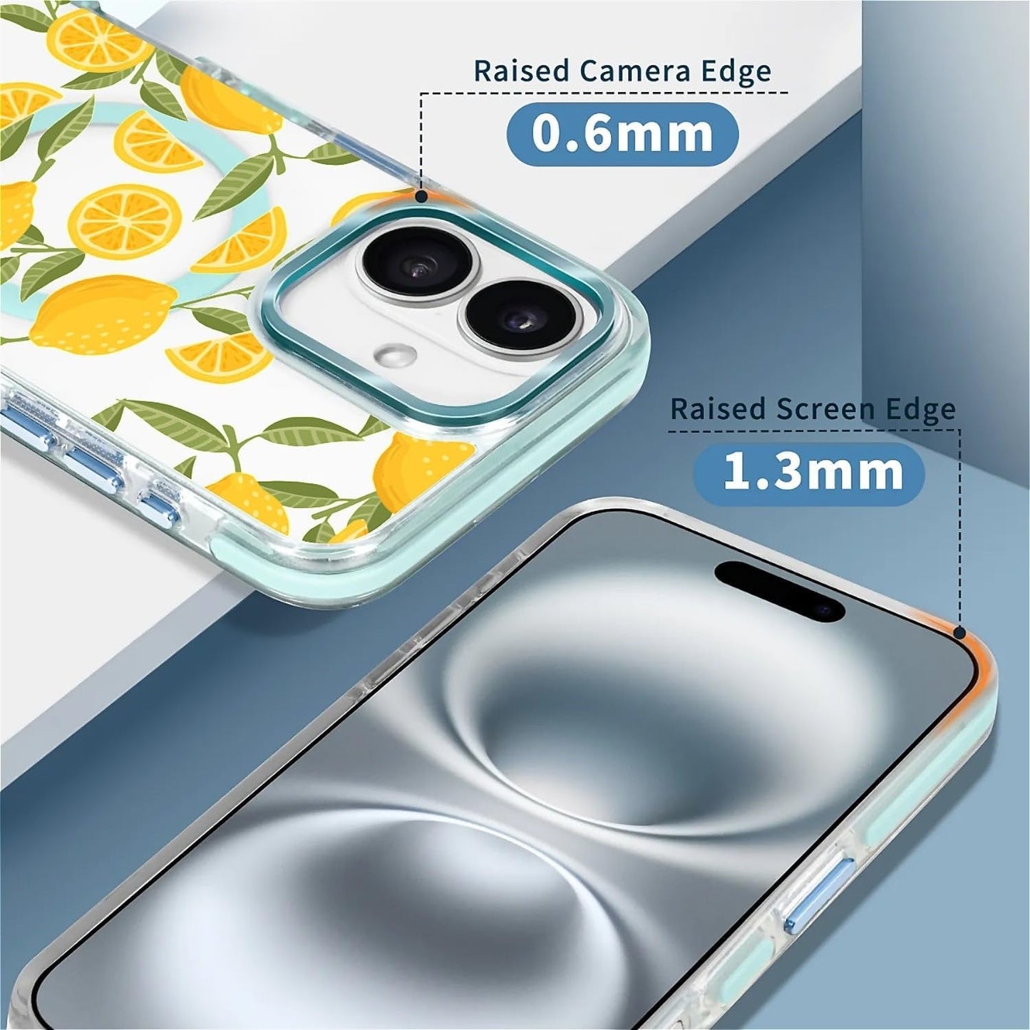 for iPhone 16 Clear Case, Lemon Yellow Pattern Compatible with Magsafe Soft Protective Case for Women Girl (Blue)