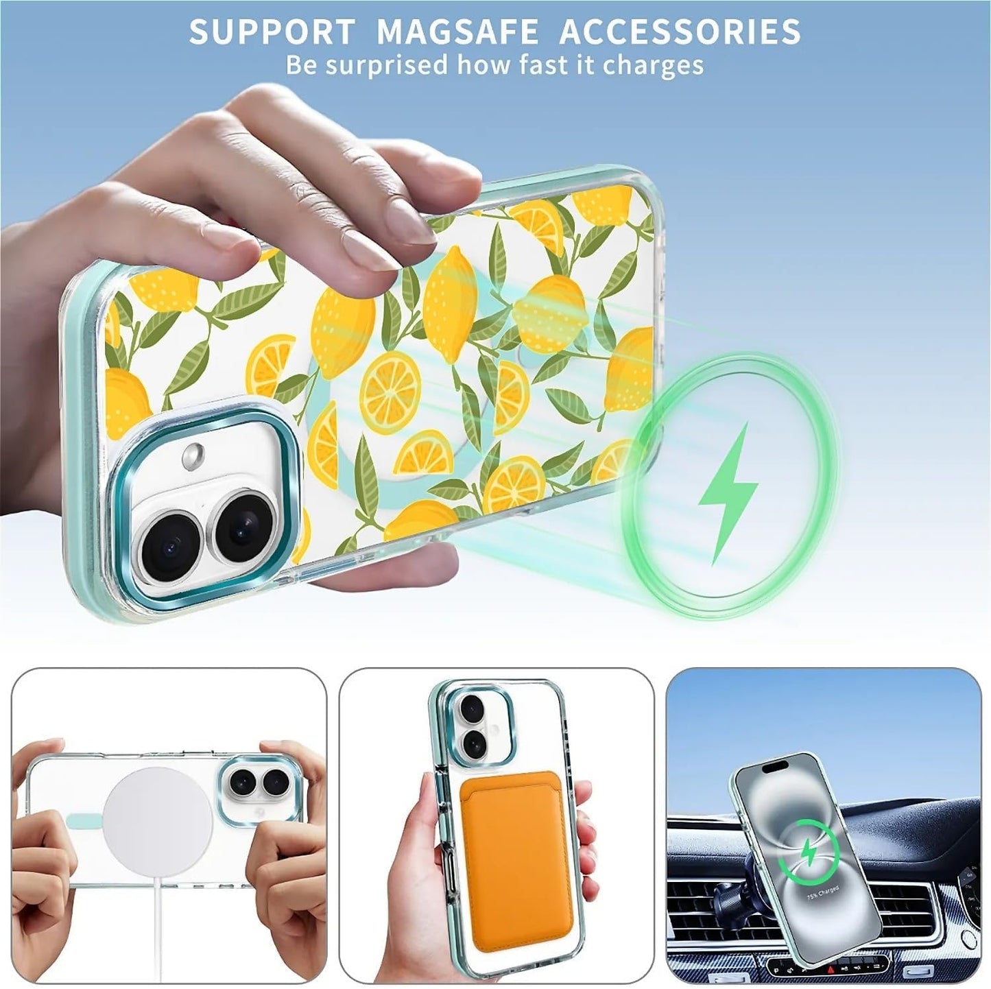 for iPhone 16 Clear Case, Lemon Yellow Pattern Compatible with Magsafe Soft Protective Case for Women Girl (Blue)