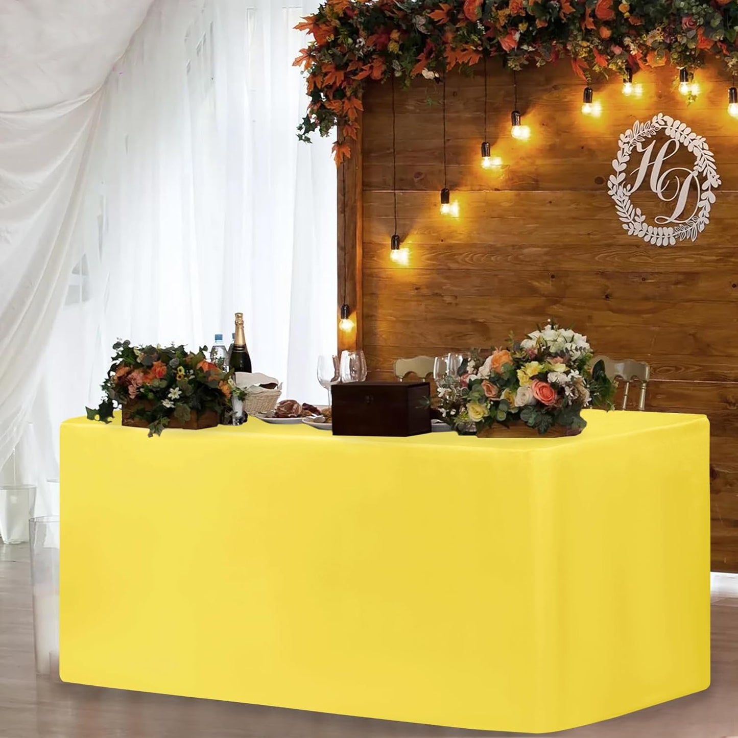 2 Pack Fitted Yellow Tableclothes - 48 x 24 Inch - Rectangle Tablecloths for 4 Foot Tables, Polyester Fabric Table Covers for Parties, Baby Shower, Wedding, Trade Show