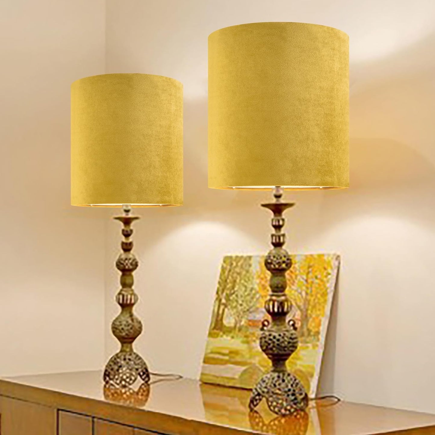 Tall Drum Natural Velvet Yellow Lamp Shades Set of 2- Lampshades for Table Lamps-10 * 10 * 10 inch (Spider) Small Drum Shade-Modern Lampshade-DIY Shade-Replacement,Easy Assembly-Handcraft-Rustic