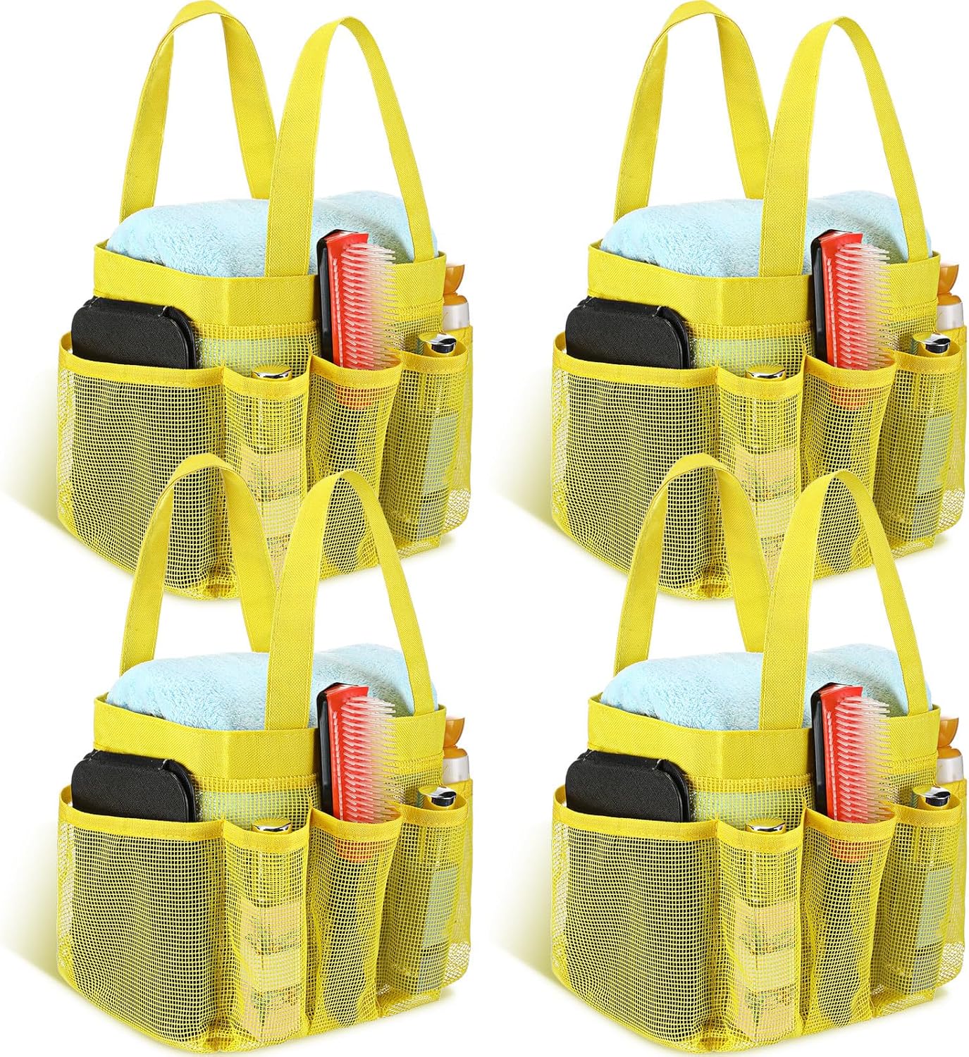 4 Packs Mesh Large Shower Caddy Portable with 8 Pockets and Handles Quick Dry Shower Bags Hanging Bath Bag Dorm Room College Essentials for Bathroom Gym Camp(Yellow)