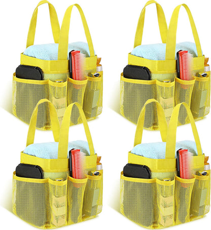 4 Packs Mesh Large Shower Caddy Portable with 8 Pockets and Handles Quick Dry Shower Bags Hanging Bath Bag Dorm Room College Essentials for Bathroom Gym Camp(Yellow)