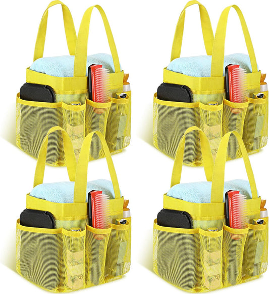 4 Packs Mesh Large Shower Caddy Portable with 8 Pockets and Handles Quick Dry Shower Bags Hanging Bath Bag Dorm Room College Essentials for Bathroom Gym Camp(Yellow)