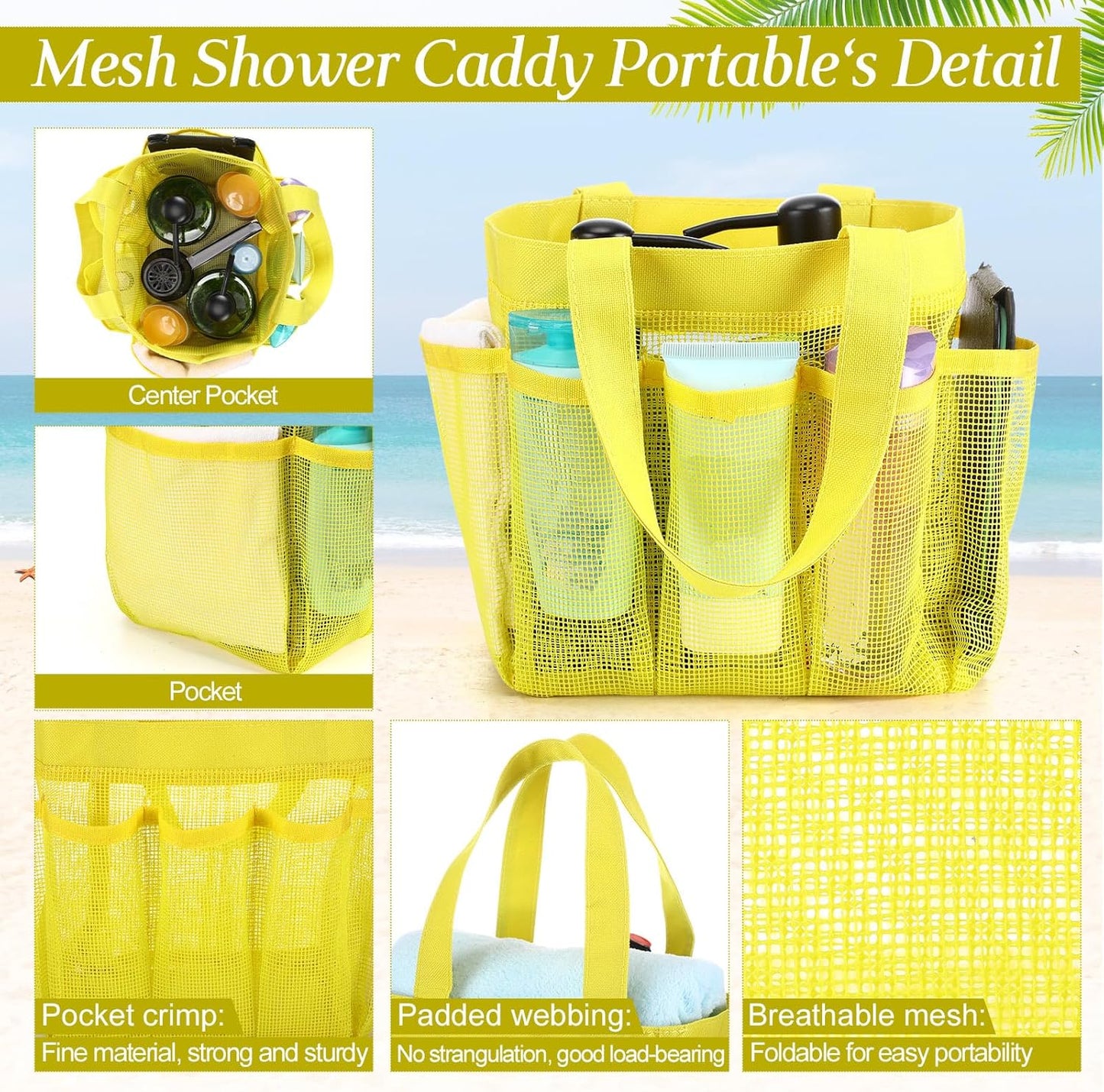 4 Packs Mesh Large Shower Caddy Portable with 8 Pockets and Handles Quick Dry Shower Bags Hanging Bath Bag Dorm Room College Essentials for Bathroom Gym Camp(Yellow)