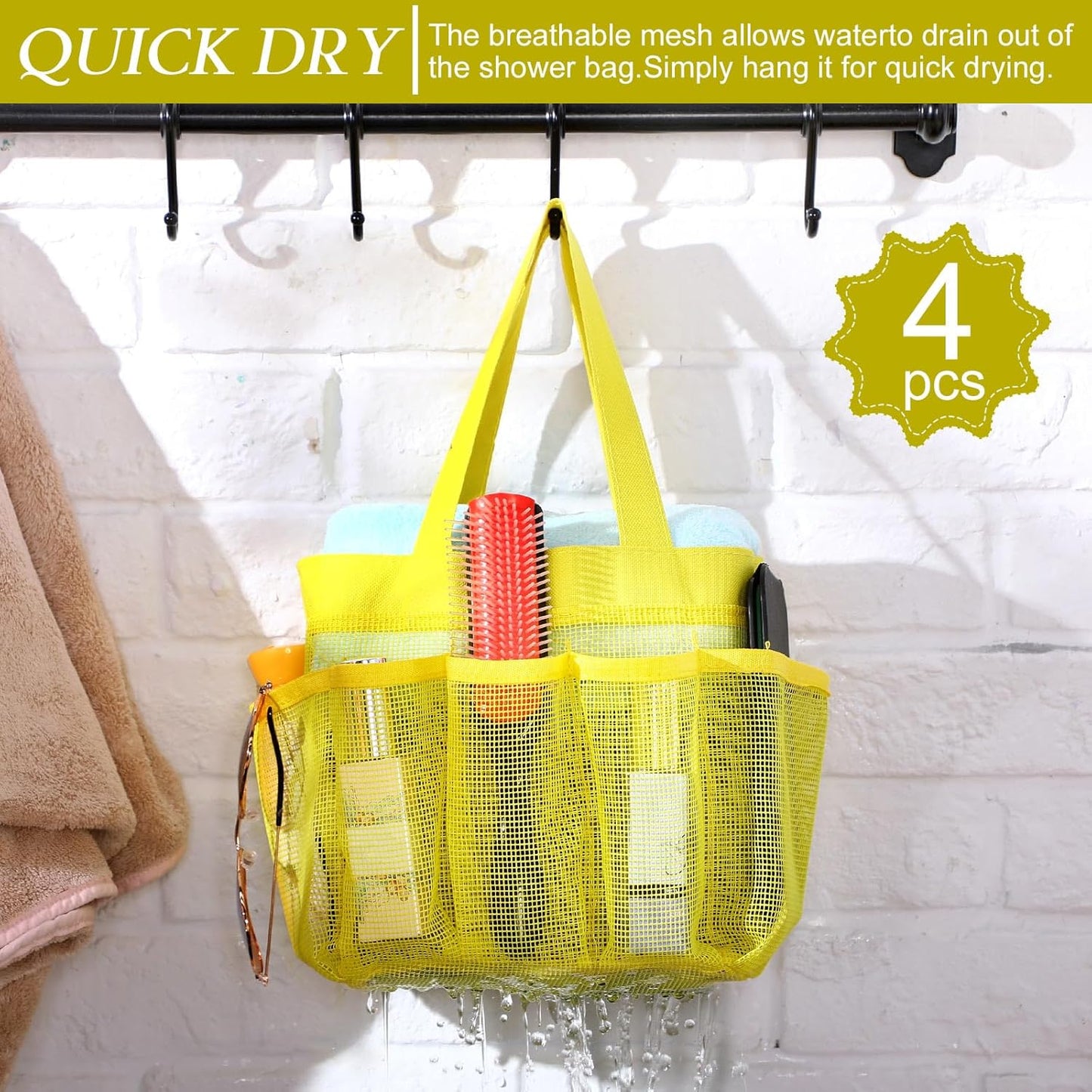 4 Packs Mesh Large Shower Caddy Portable with 8 Pockets and Handles Quick Dry Shower Bags Hanging Bath Bag Dorm Room College Essentials for Bathroom Gym Camp(Yellow)