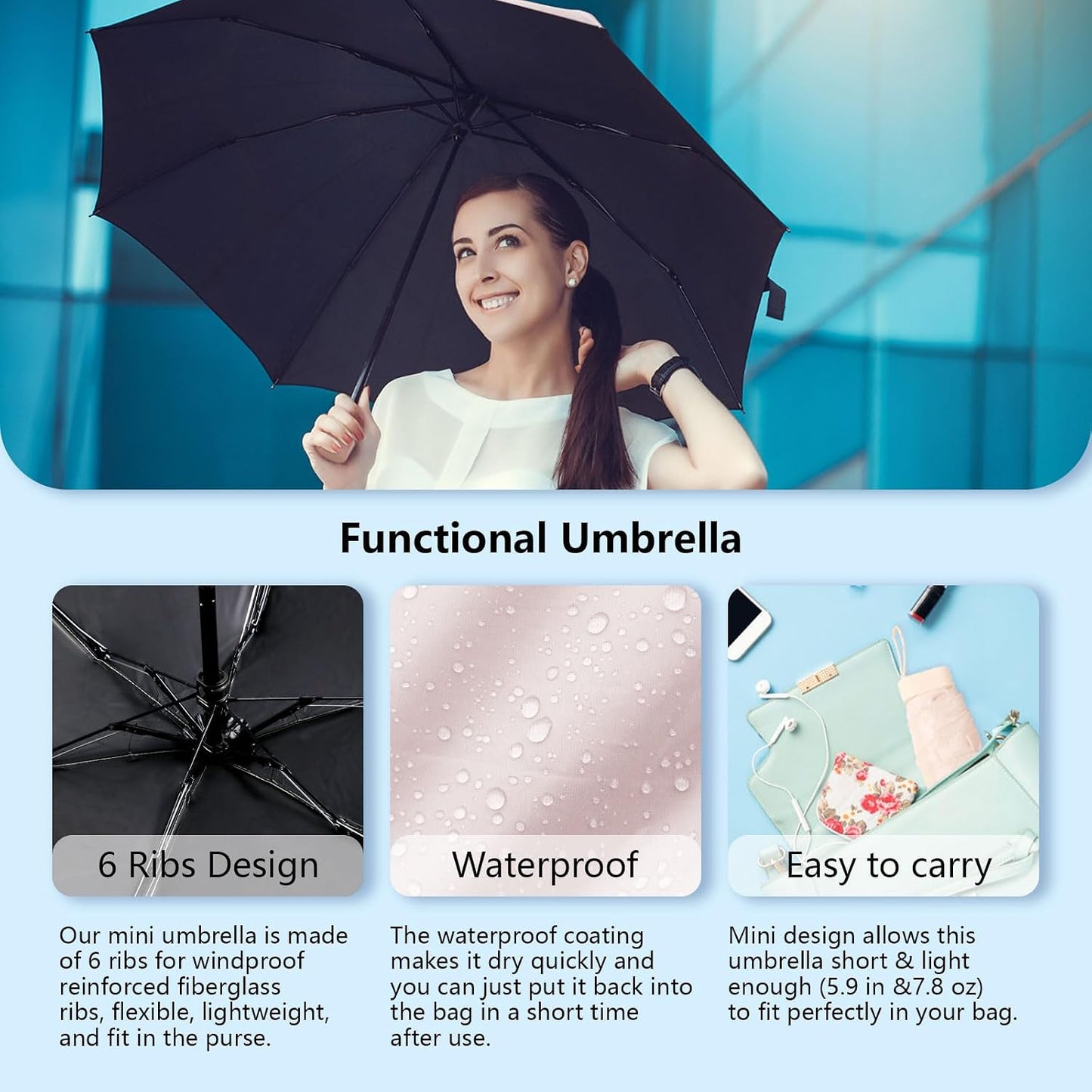Mini Travel Umbrella Purse with Case Compact, Lightweight, UV Umbrella UPF 50+ Sun Protection, Windproof Portable Parasol for Women, Men & Kids