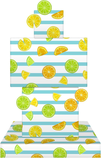 Lots of Yellow and Green Summer Fresh Juicy Lemons Fruits On Blue and White Strip Gift Wrapping Paper - Vibrant Bold Pre cut & Folded Flat Flat Design Sheets For Holiday, 4-Sheets, 1-Designs: 15 sq. ft. ttl