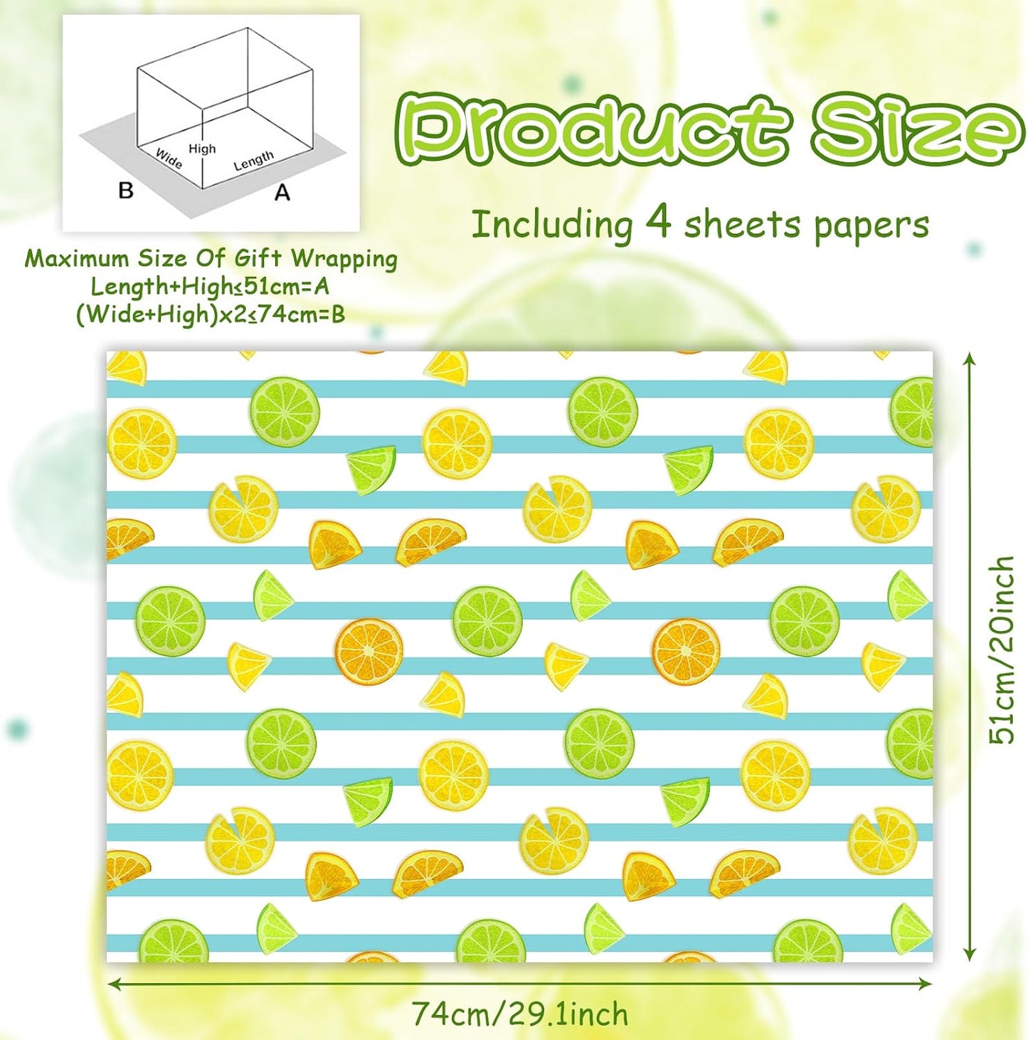 Lots of Yellow and Green Summer Fresh Juicy Lemons Fruits On Blue and White Strip Gift Wrapping Paper - Vibrant Bold Pre cut & Folded Flat Flat Design Sheets For Holiday, 4-Sheets, 1-Designs: 15 sq. ft. ttl